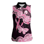 Australia Indigenous Women Sleeveless Polo Shirt Pink Ribbon Breast Cancer Butterfly Aboriginal Black - Aussie Hoodie