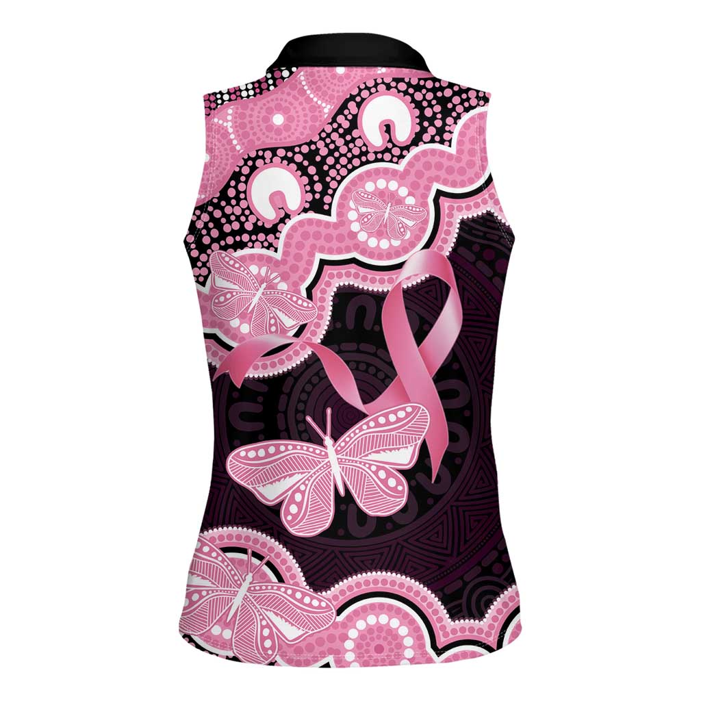 Australia Indigenous Women Sleeveless Polo Shirt Pink Ribbon Breast Cancer Butterfly Aboriginal Black - Aussie Hoodie