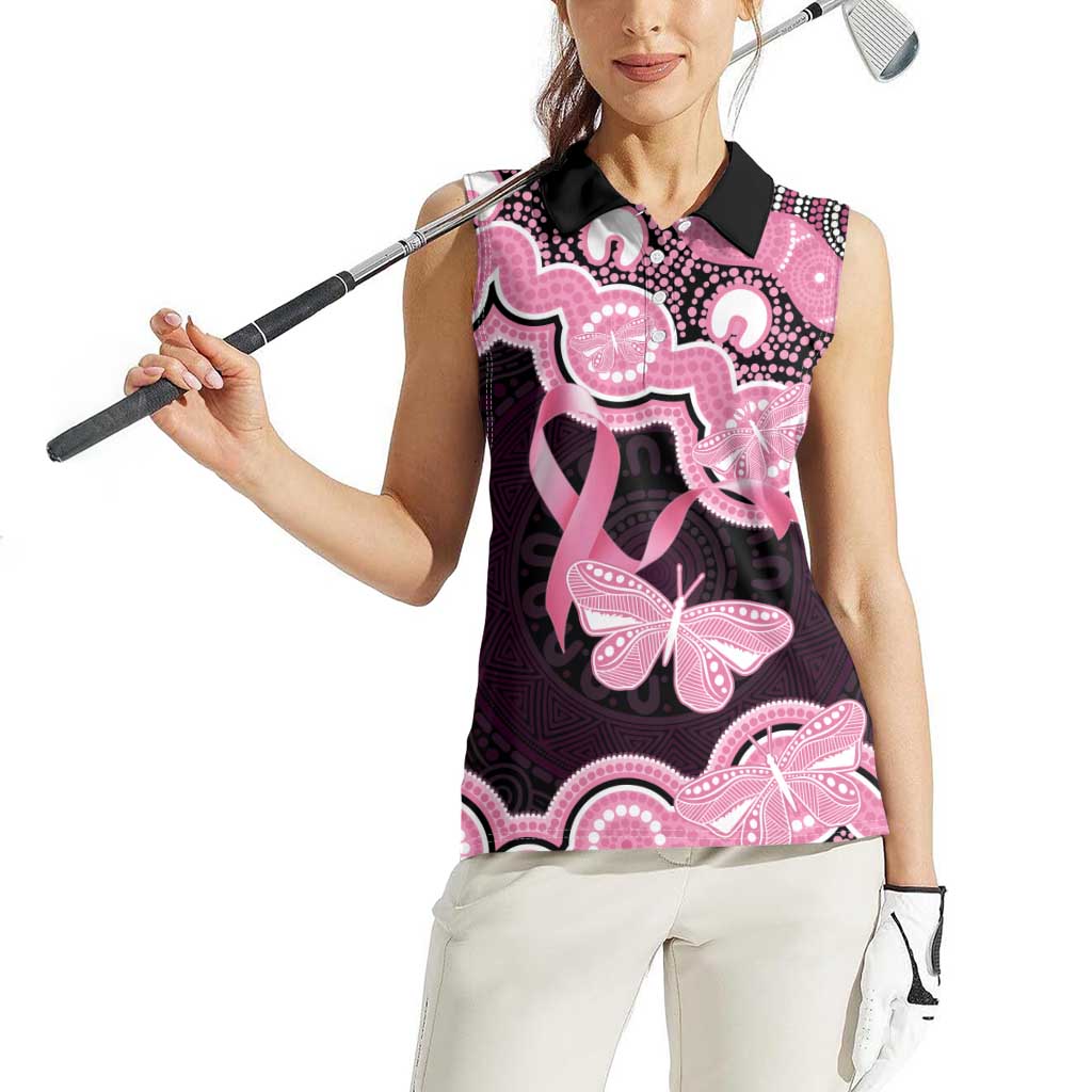 Australia Indigenous Women Sleeveless Polo Shirt Pink Ribbon Breast Cancer Butterfly Aboriginal Black - Aussie Hoodie
