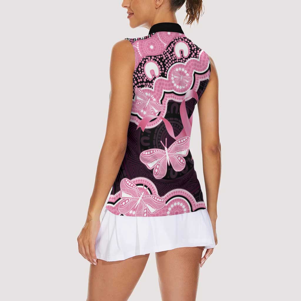 Australia Indigenous Women Sleeveless Polo Shirt Pink Ribbon Breast Cancer Butterfly Aboriginal Black - Aussie Hoodie