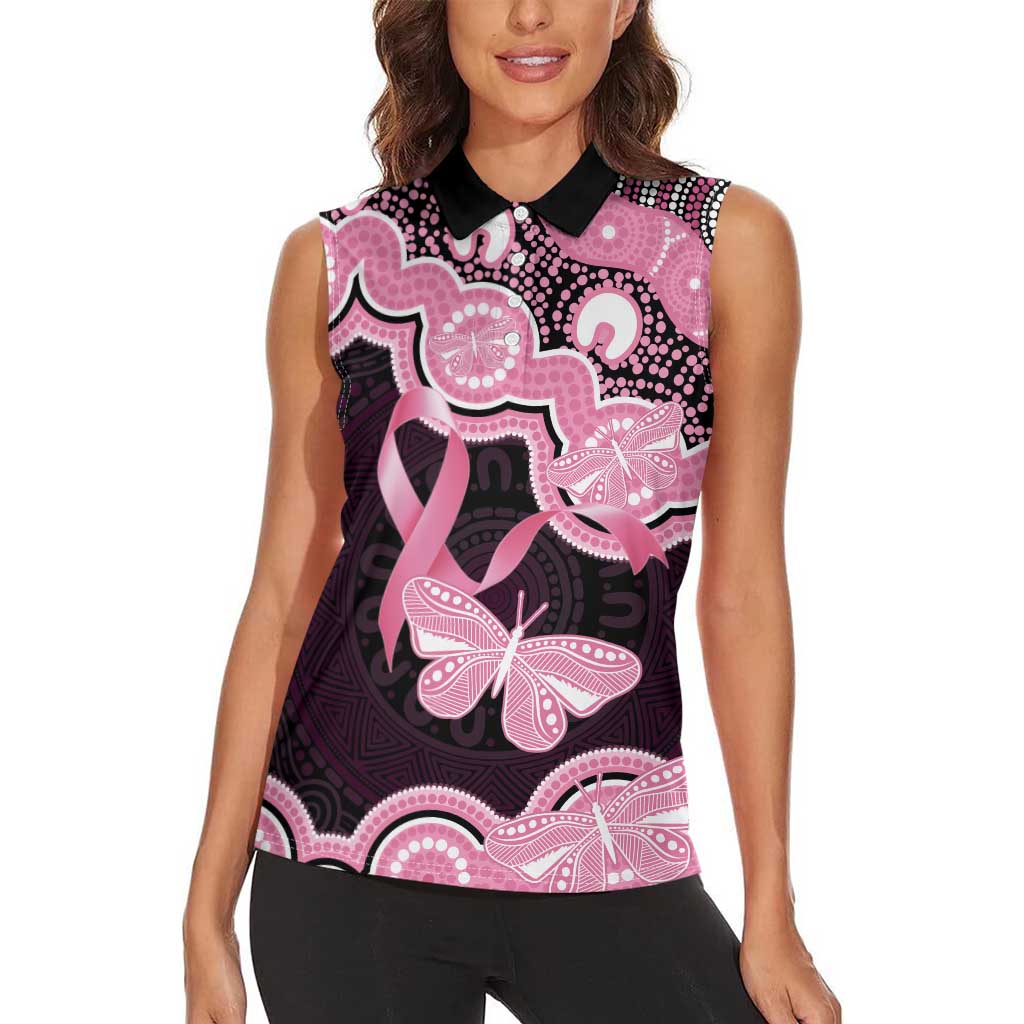 Australia Indigenous Women Sleeveless Polo Shirt Pink Ribbon Breast Cancer Butterfly Aboriginal Black - Aussie Hoodie