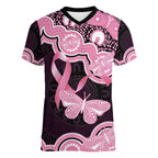 Australia Indigenous Women V-Neck T-Shirt Pink Ribbon Breast Cancer Butterfly Aboriginal Black - Aussie Hoodie