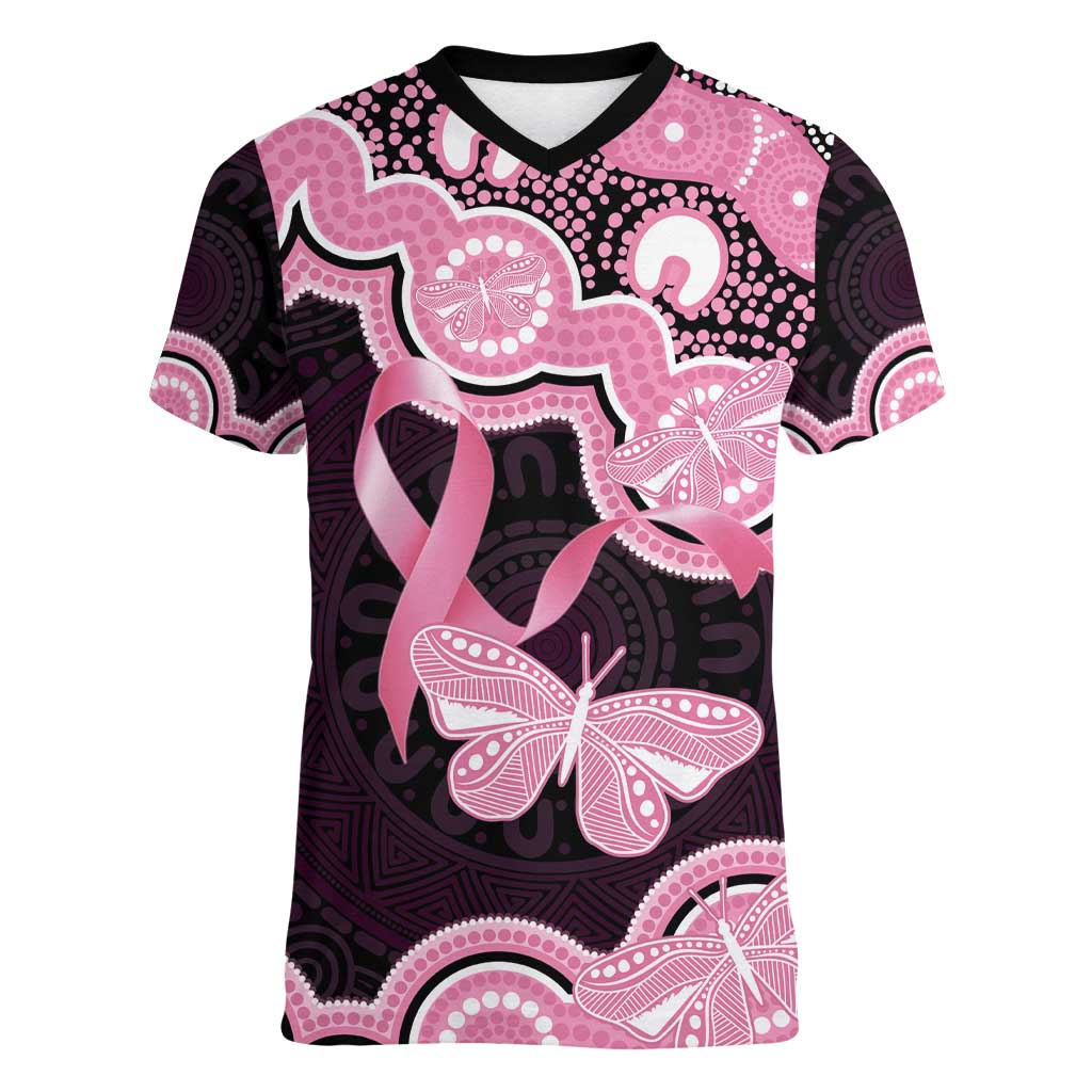 Australia Indigenous Women V-Neck T-Shirt Pink Ribbon Breast Cancer Butterfly Aboriginal Black - Aussie Hoodie