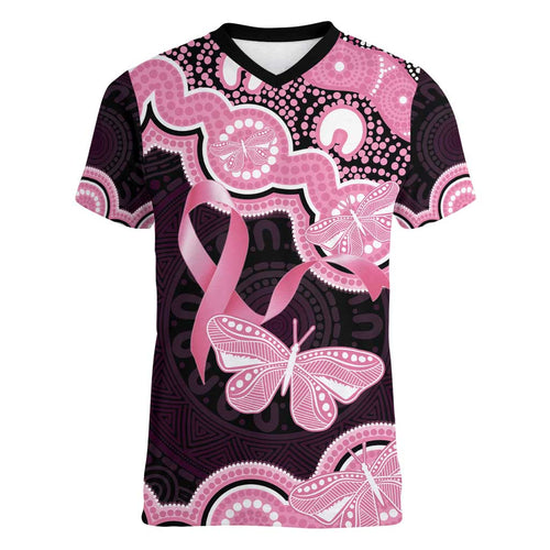 Australia Indigenous Women V-Neck T-Shirt Pink Ribbon Breast Cancer Butterfly Aboriginal Black - Aussie Hoodie