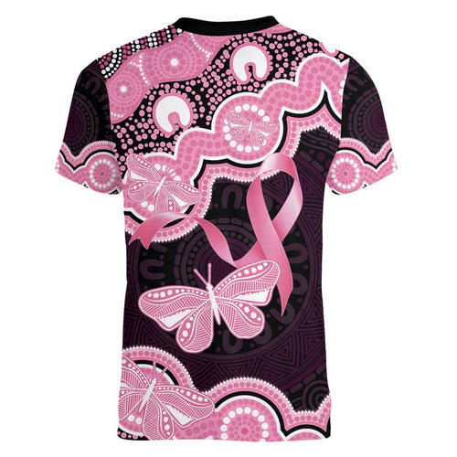 Australia Indigenous Women V-Neck T-Shirt Pink Ribbon Breast Cancer Butterfly Aboriginal Black - Aussie Hoodie