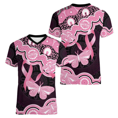 Australia Indigenous Women V-Neck T-Shirt Pink Ribbon Breast Cancer Butterfly Aboriginal Black - Aussie Hoodie