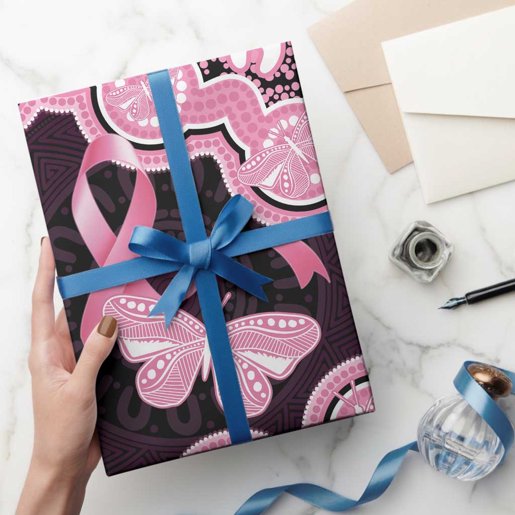 Australia Indigenous Wrapping Paper Pink Ribbon Breast Cancer Butterfly Aboriginal Black - Aussie Hoodie