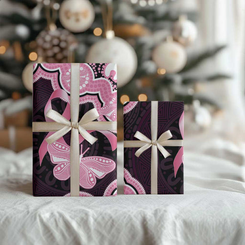 Australia Indigenous Wrapping Paper Pink Ribbon Breast Cancer Butterfly Aboriginal Black - Aussie Hoodie