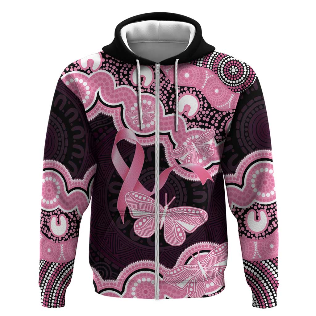Australia Indigenous Zip Hoodie Pink Ribbon Breast Cancer Butterfly Aboriginal Black - Aussie Hoodie