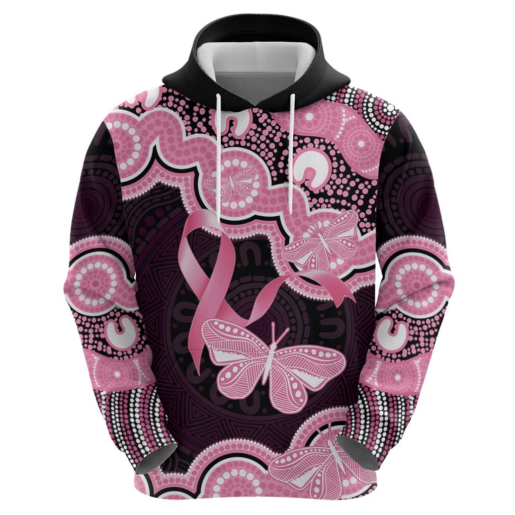 Australia Indigenous Zip Hoodie Pink Ribbon Breast Cancer Butterfly Aboriginal Black - Aussie Hoodie