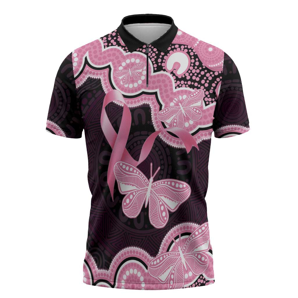 Australia Indigenous Zipper Polo Shirt Pink Ribbon Breast Cancer Butterfly Aboriginal Black - Aussie Hoodie