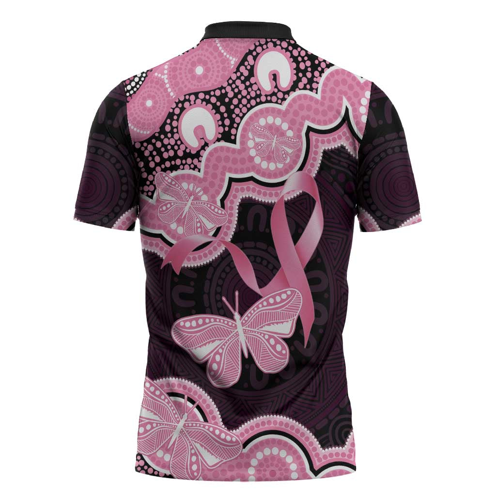 Australia Indigenous Zipper Polo Shirt Pink Ribbon Breast Cancer Butterfly Aboriginal Black - Aussie Hoodie