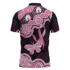 Australia Indigenous Zipper Polo Shirt Pink Ribbon Breast Cancer Butterfly Aboriginal Black - Aussie Hoodie