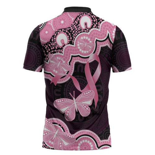 Australia Indigenous Zipper Polo Shirt Pink Ribbon Breast Cancer Butterfly Aboriginal Black - Aussie Hoodie