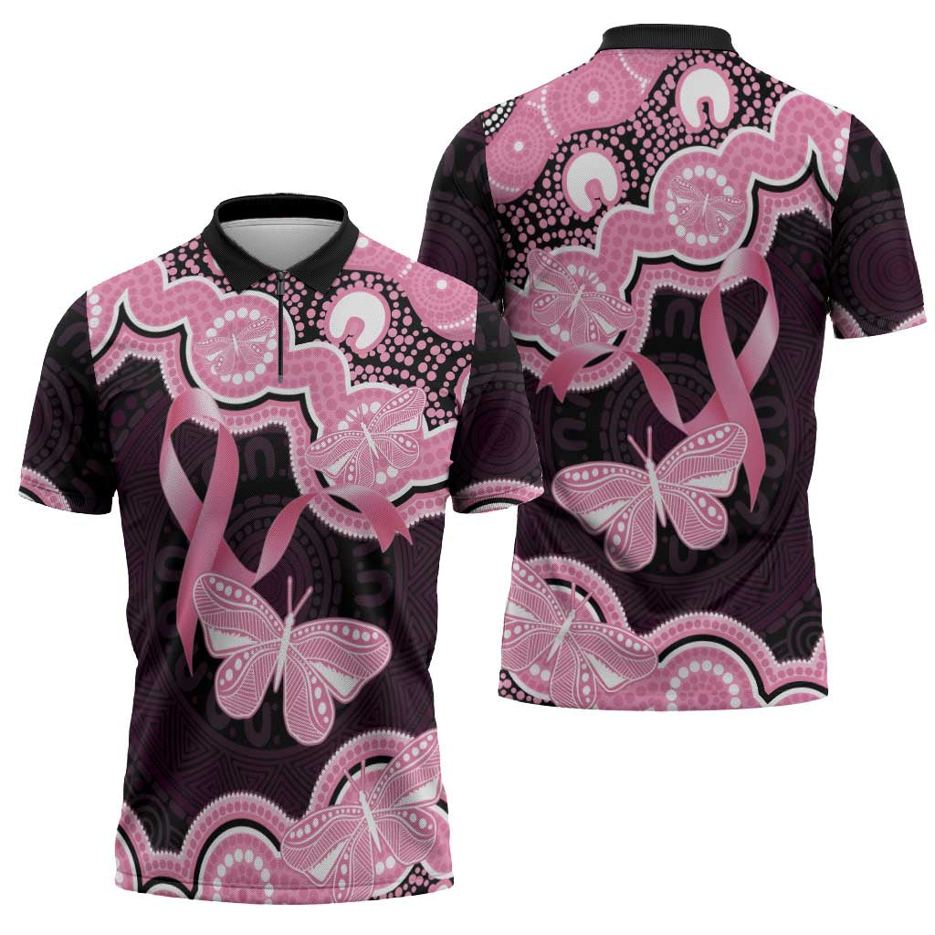 Australia Indigenous Zipper Polo Shirt Pink Ribbon Breast Cancer Butterfly Aboriginal Black - Aussie Hoodie
