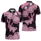 Australia Indigenous Zipper Polo Shirt Pink Ribbon Breast Cancer Butterfly Aboriginal Black - Aussie Hoodie