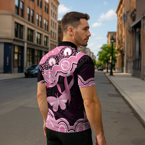 Australia Indigenous Zipper Polo Shirt Pink Ribbon Breast Cancer Butterfly Aboriginal Black - Aussie Hoodie