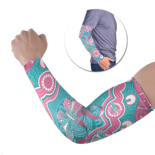 Hereditary And Gynecologic Cancer Awareness Arm Sleeves Teal Pink Ribbon Aboriginal Art - Aussie Hoodie