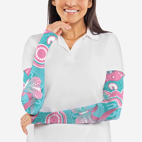 Hereditary And Gynecologic Cancer Awareness Arm Sleeves Teal Pink Ribbon Aboriginal Art - Aussie Hoodie