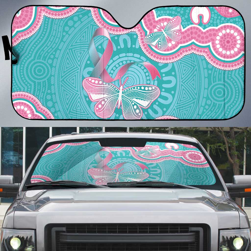 Hereditary And Gynecologic Cancer Awareness Auto Sun Shade Teal Pink Ribbon Aboriginal Art - Aussie Hoodie