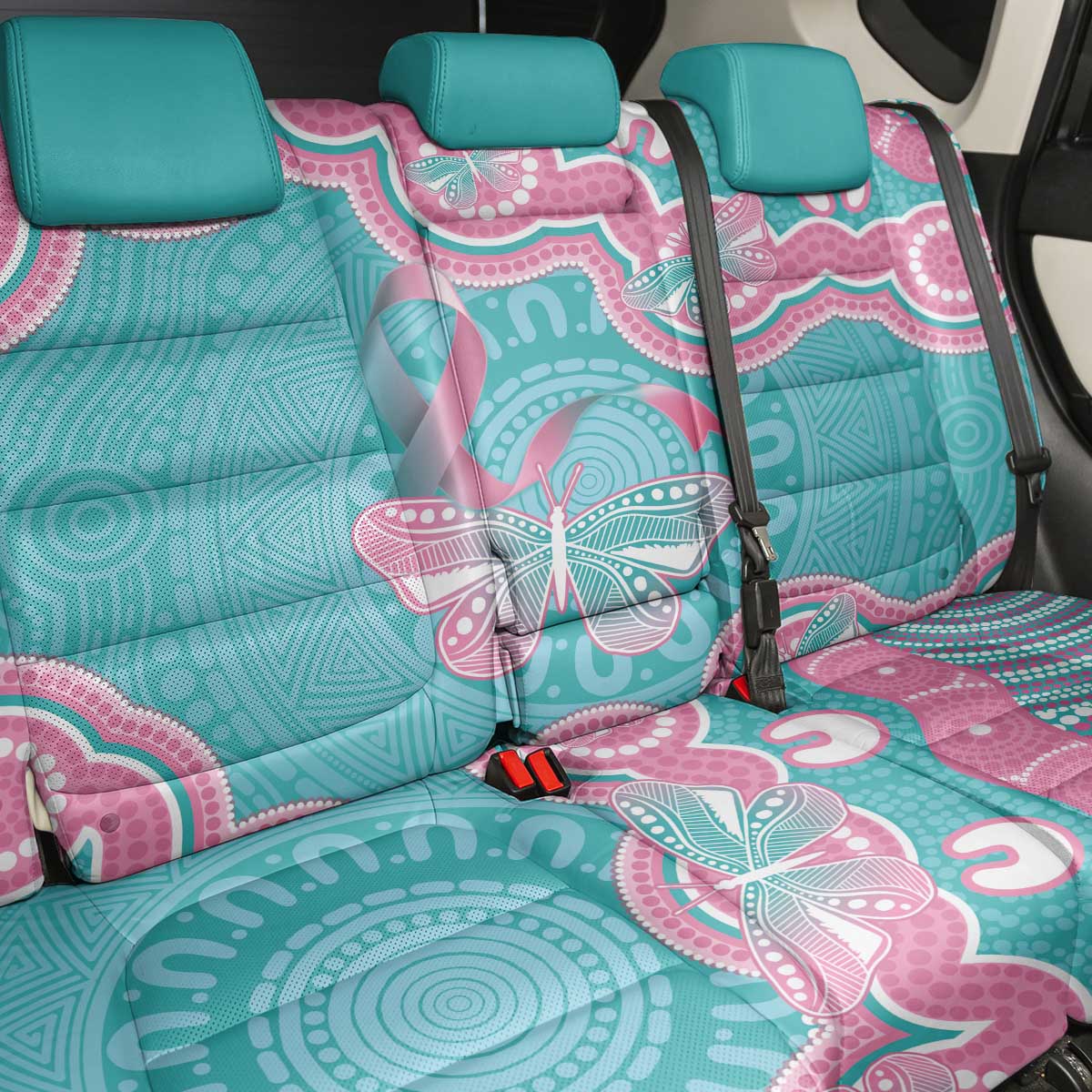 Hereditary And Gynecologic Cancer Awareness Back Car Seat Cover Teal Pink Ribbon Aboriginal Art - Aussie Hoodie