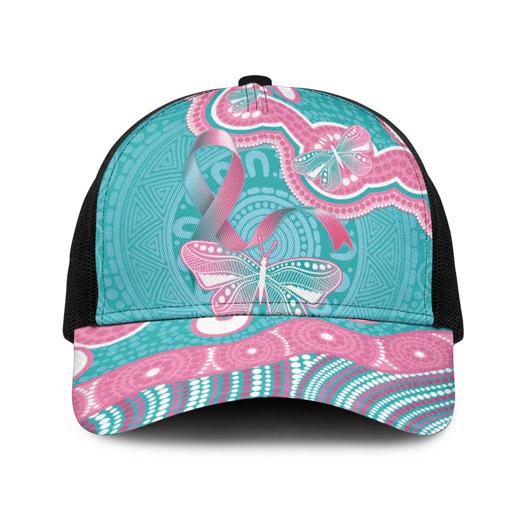 Hereditary And Gynecologic Cancer Awareness Baseball Net Cap Teal Pink Ribbon Aboriginal Art - Aussie Hoodie