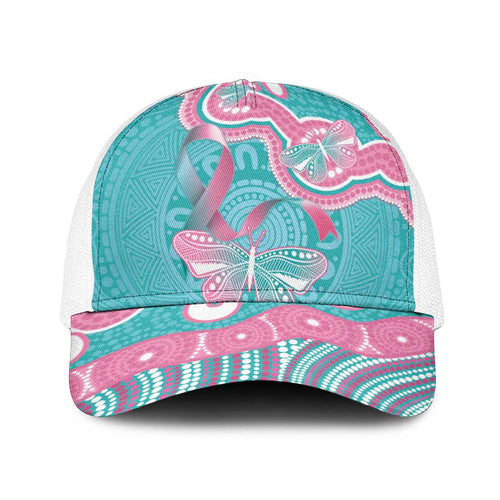 Hereditary And Gynecologic Cancer Awareness Baseball Net Cap Teal Pink Ribbon Aboriginal Art - Aussie Hoodie