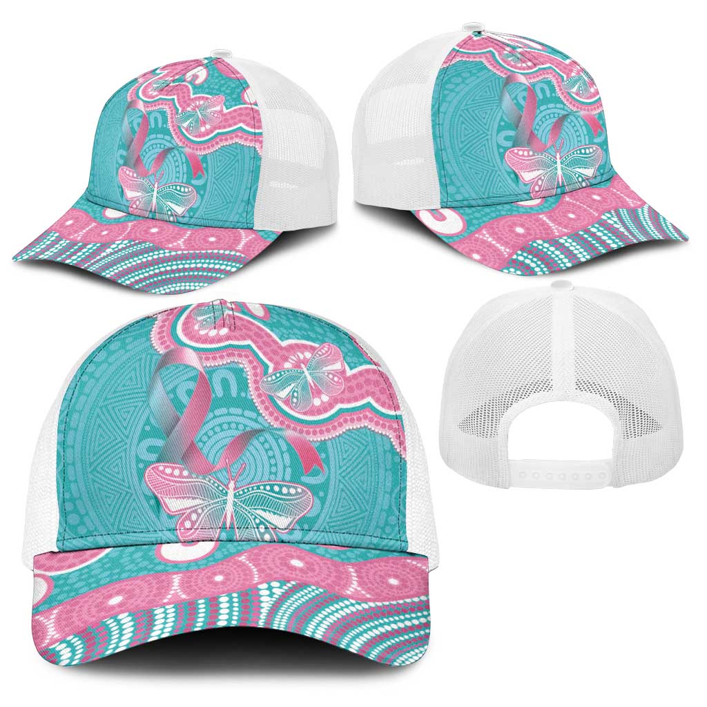 Hereditary And Gynecologic Cancer Awareness Baseball Net Cap Teal Pink Ribbon Aboriginal Art - Aussie Hoodie