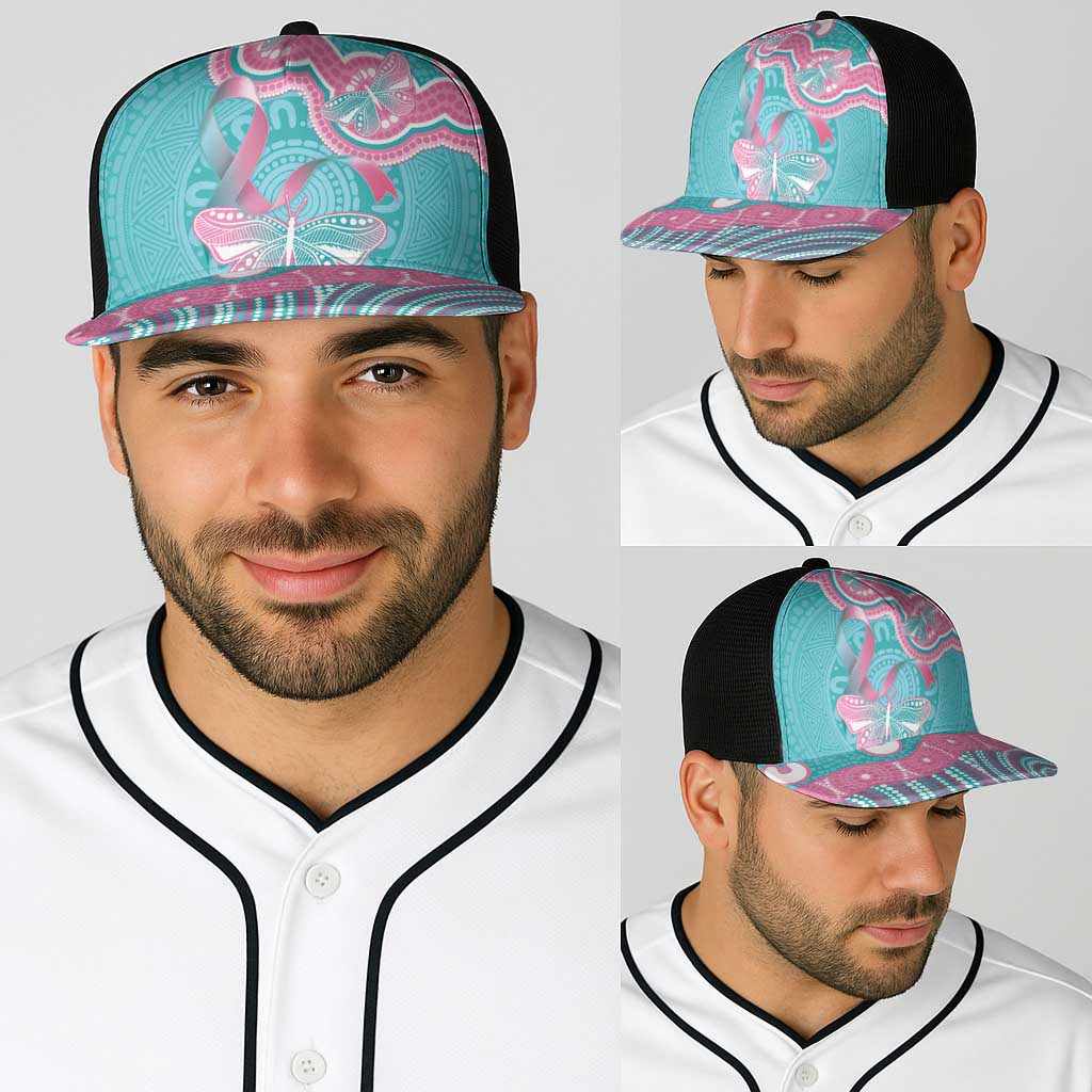 Hereditary And Gynecologic Cancer Awareness Baseball Net Cap Teal Pink Ribbon Aboriginal Art - Aussie Hoodie