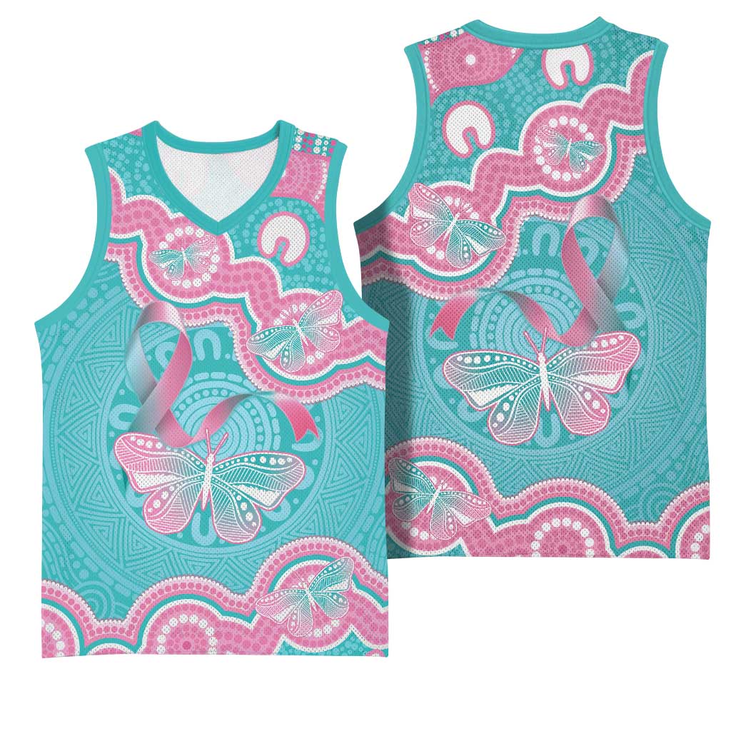 Hereditary And Gynecologic Cancer Awareness Basketball Jersey Teal Pink Ribbon Aboriginal Art - Aussie Hoodie
