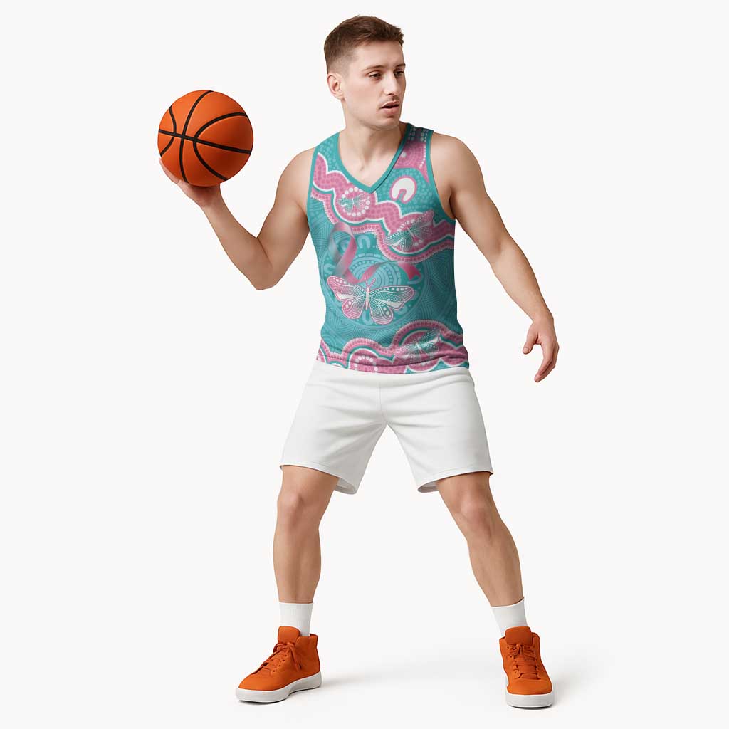 Hereditary And Gynecologic Cancer Awareness Basketball Jersey Teal Pink Ribbon Aboriginal Art - Aussie Hoodie