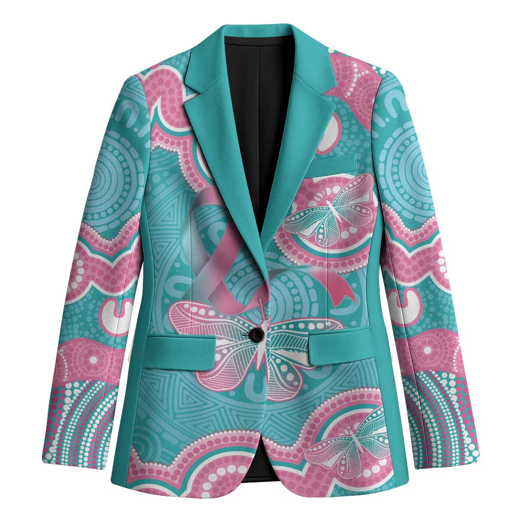 Hereditary And Gynecologic Cancer Awareness Blazer Teal Pink Ribbon Aboriginal Art - Aussie Hoodie