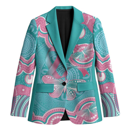 Hereditary And Gynecologic Cancer Awareness Blazer Teal Pink Ribbon Aboriginal Art - Aussie Hoodie