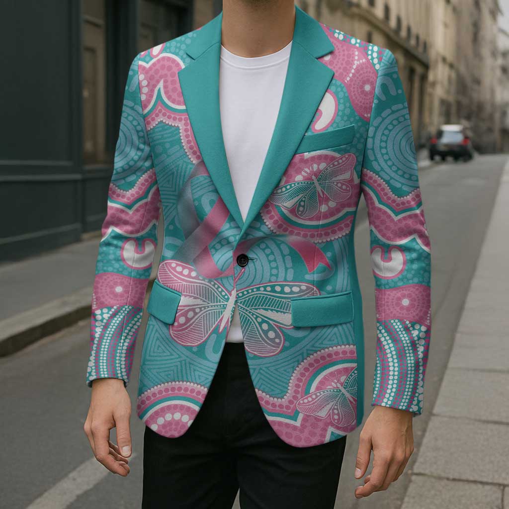 Hereditary And Gynecologic Cancer Awareness Blazer Teal Pink Ribbon Aboriginal Art - Aussie Hoodie