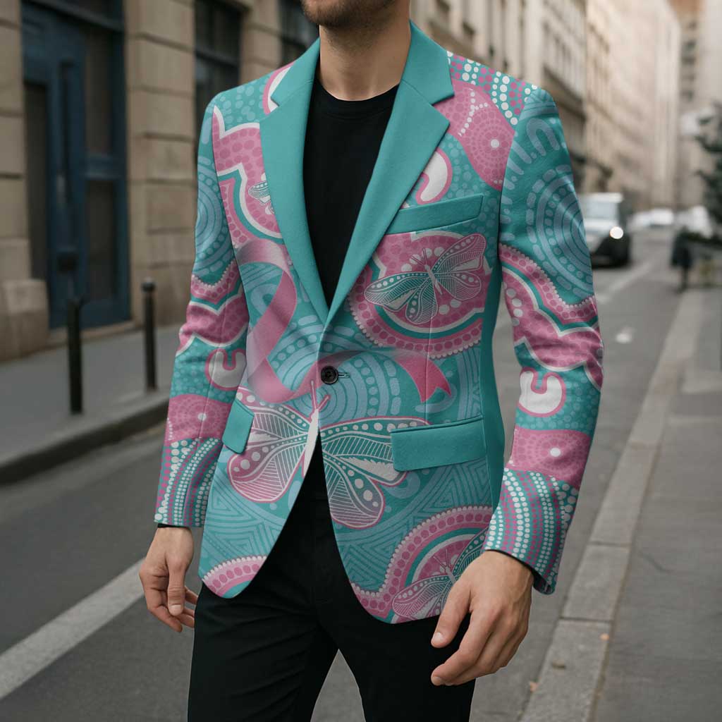 Hereditary And Gynecologic Cancer Awareness Blazer Teal Pink Ribbon Aboriginal Art - Aussie Hoodie