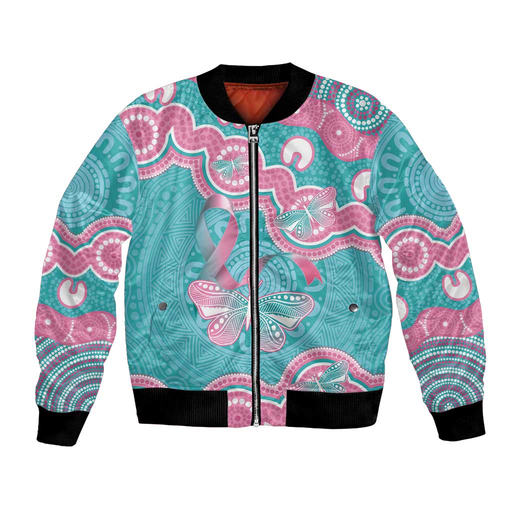 Hereditary And Gynecologic Cancer Awareness Bomber Jacket Teal Pink Ribbon Aboriginal Art - Aussie Hoodie