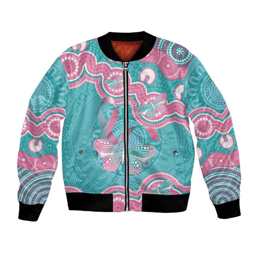 Hereditary And Gynecologic Cancer Awareness Bomber Jacket Teal Pink Ribbon Aboriginal Art - Aussie Hoodie