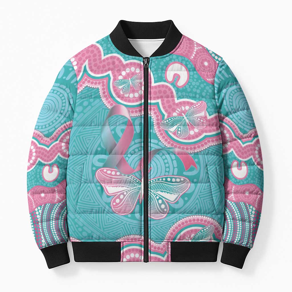Hereditary And Gynecologic Cancer Awareness Bomber Puffer Jacket Teal Pink Ribbon Aboriginal Art - Aussie Hoodie