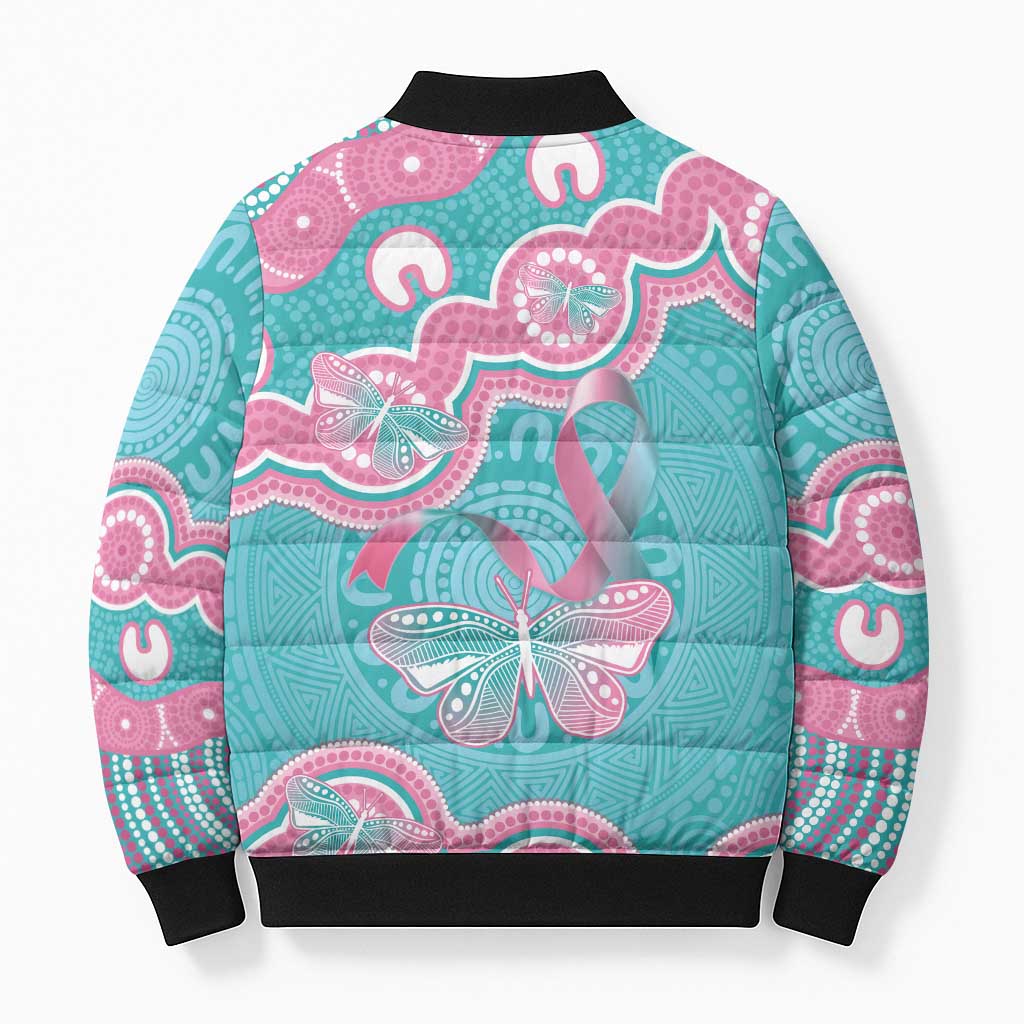 Hereditary And Gynecologic Cancer Awareness Bomber Puffer Jacket Teal Pink Ribbon Aboriginal Art - Aussie Hoodie