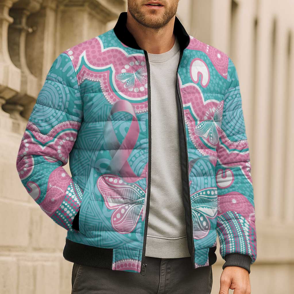 Hereditary And Gynecologic Cancer Awareness Bomber Puffer Jacket Teal Pink Ribbon Aboriginal Art - Aussie Hoodie