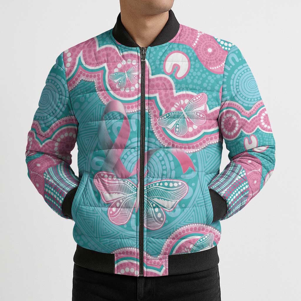 Hereditary And Gynecologic Cancer Awareness Bomber Puffer Jacket Teal Pink Ribbon Aboriginal Art - Aussie Hoodie