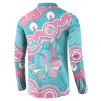 Hereditary And Gynecologic Cancer Awareness Button Sweatshirt Teal Pink Ribbon Aboriginal Art - Aussie Hoodie