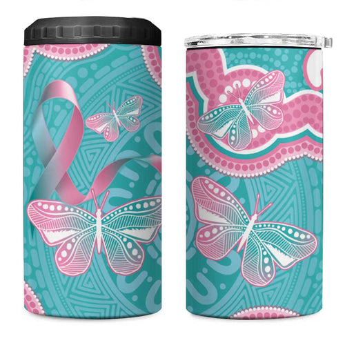Hereditary And Gynecologic Cancer Awareness 4 in 1 Can Cooler Tumbler Teal Pink Ribbon Aboriginal Art - Aussie Hoodie