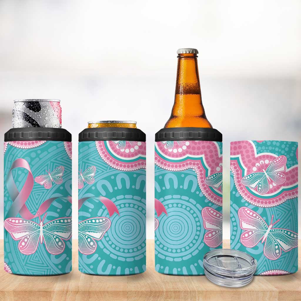 Hereditary And Gynecologic Cancer Awareness 4 in 1 Can Cooler Tumbler Teal Pink Ribbon Aboriginal Art - Aussie Hoodie