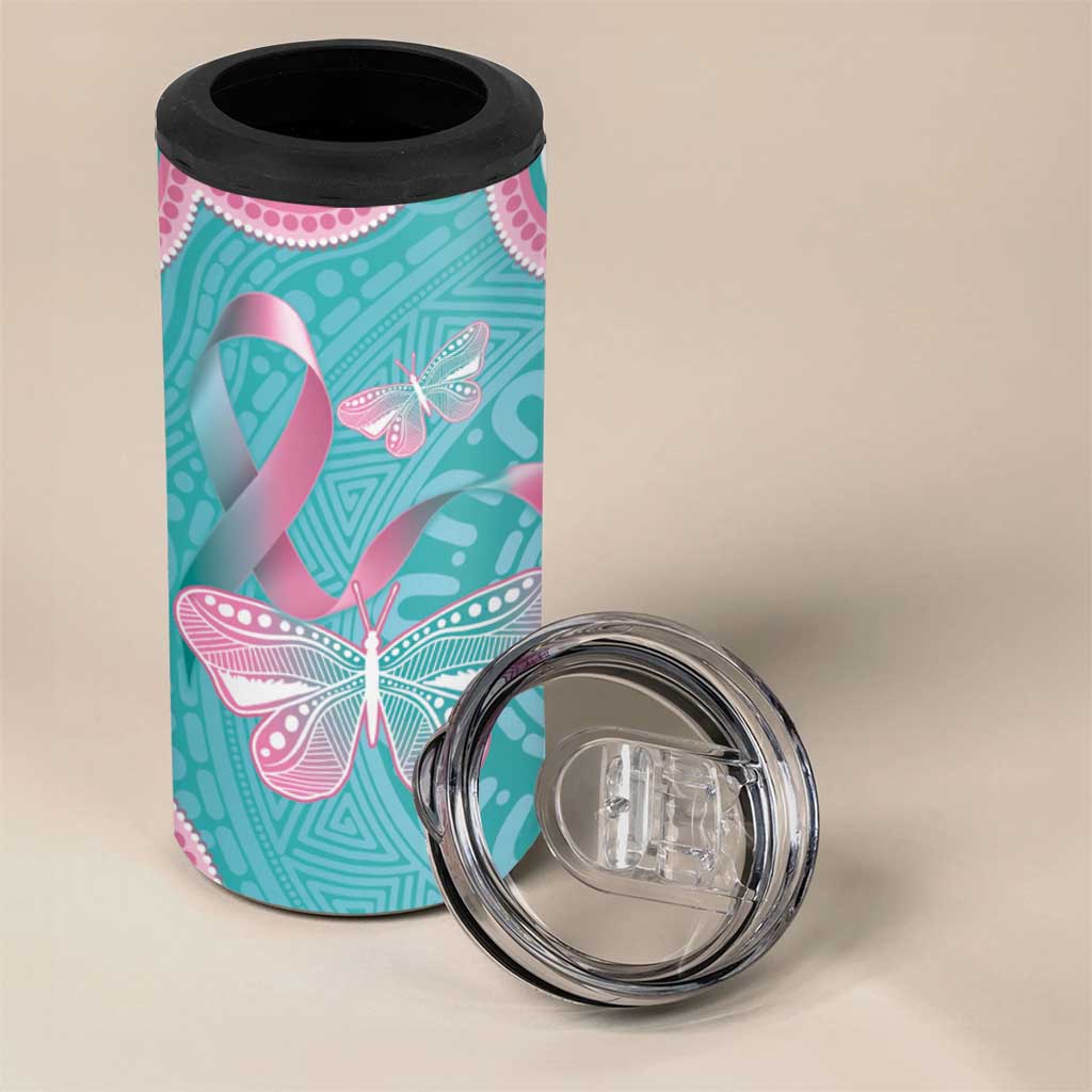 Hereditary And Gynecologic Cancer Awareness 4 in 1 Can Cooler Tumbler Teal Pink Ribbon Aboriginal Art - Aussie Hoodie