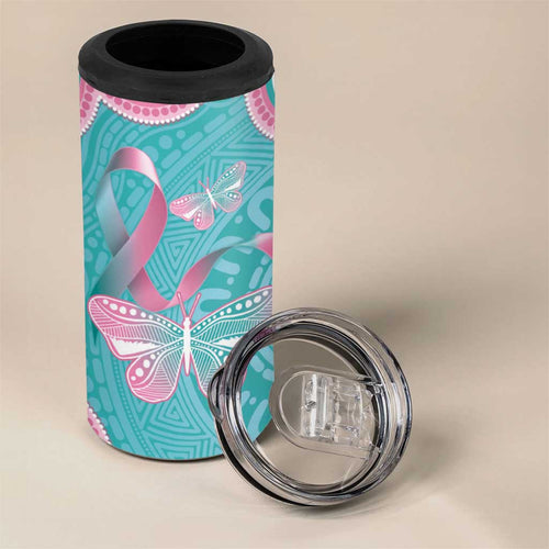 Hereditary And Gynecologic Cancer Awareness 4 in 1 Can Cooler Tumbler Teal Pink Ribbon Aboriginal Art - Aussie Hoodie