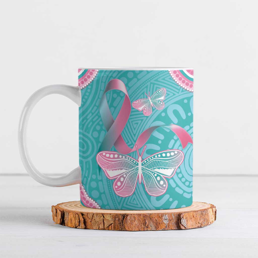 Hereditary And Gynecologic Cancer Awareness Ceramic Mug Teal Pink Ribbon Aboriginal Art - Aussie Hoodie