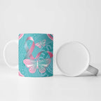 Hereditary And Gynecologic Cancer Awareness Ceramic Mug Teal Pink Ribbon Aboriginal Art - Aussie Hoodie