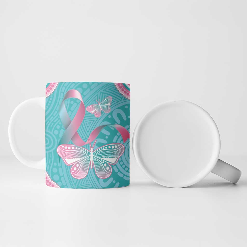Hereditary And Gynecologic Cancer Awareness Ceramic Mug Teal Pink Ribbon Aboriginal Art - Aussie Hoodie