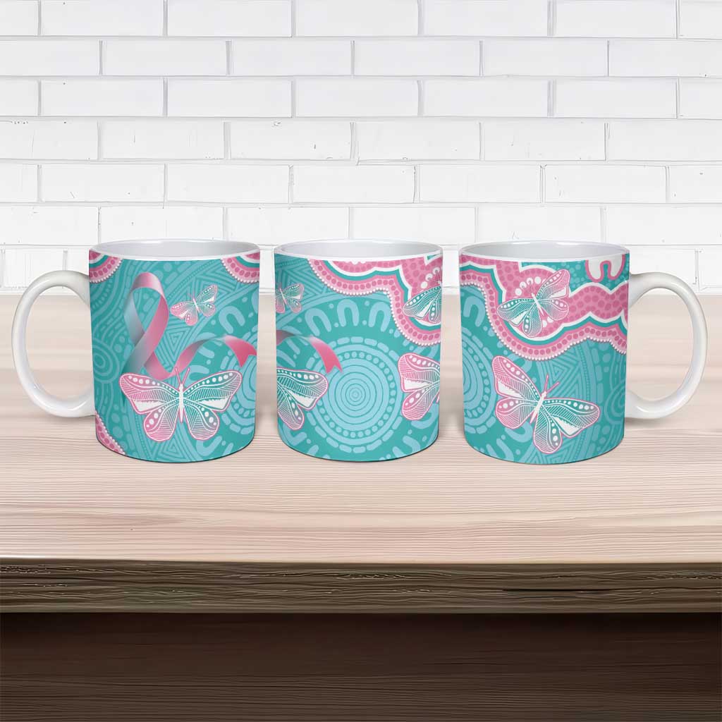 Hereditary And Gynecologic Cancer Awareness Ceramic Mug Teal Pink Ribbon Aboriginal Art - Aussie Hoodie